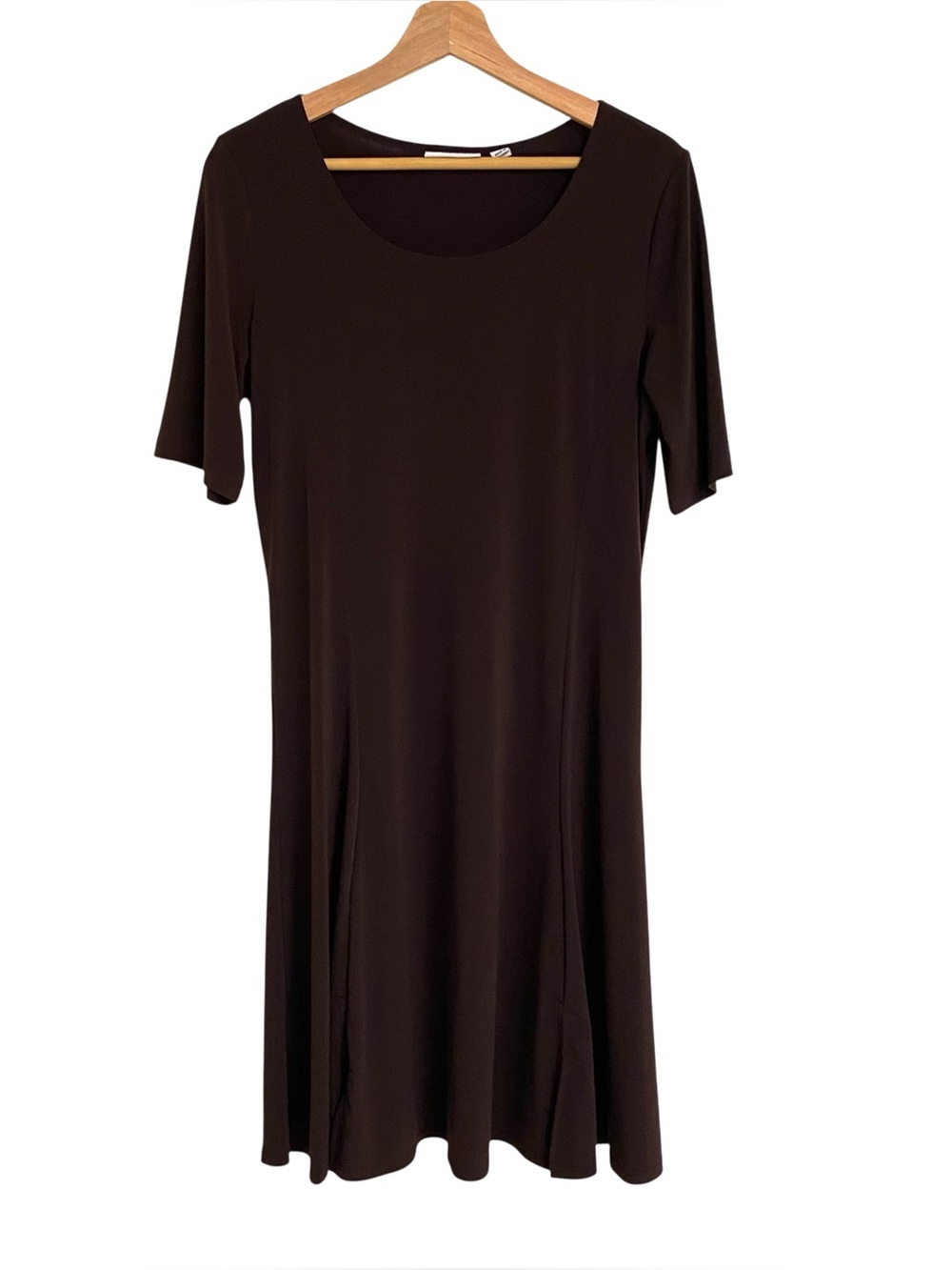 Susan Graver chocolate brown liquid knit stretchy drape knee length dress S